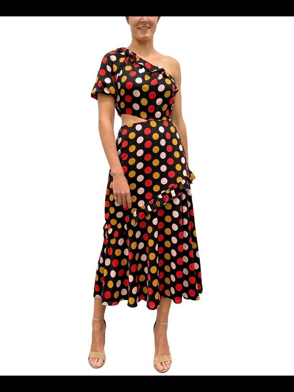 Sam Edelman One-Shoulder Black Polka Dot Midi Dress Size 6